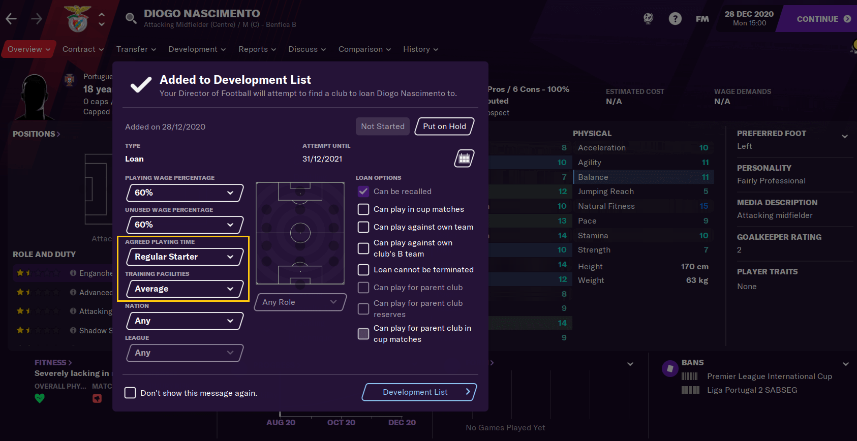 Placing on Development list in Football Manager