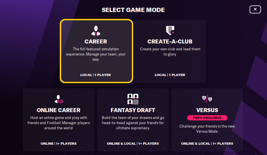 Football Manager select career game mode