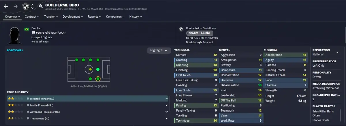 FM23 Guilherme biro player profile - Brazilian wonderkids Football Manager 2023